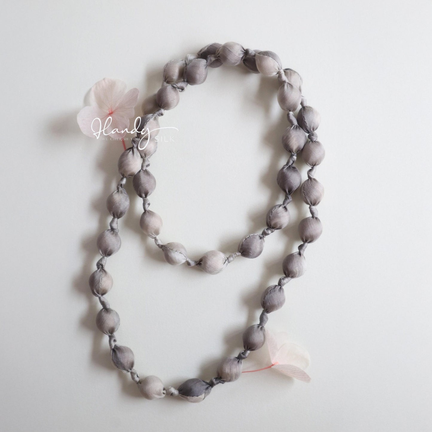Handmade Silk & Mulberry Wood Beaded Necklace – 65cm | Grey and white Hand-Dyed Necklace