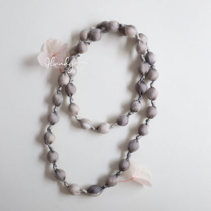 Handmade Silk & Mulberry Wood Beaded Necklace – 65cm | Grey and white Hand-Dyed Necklace