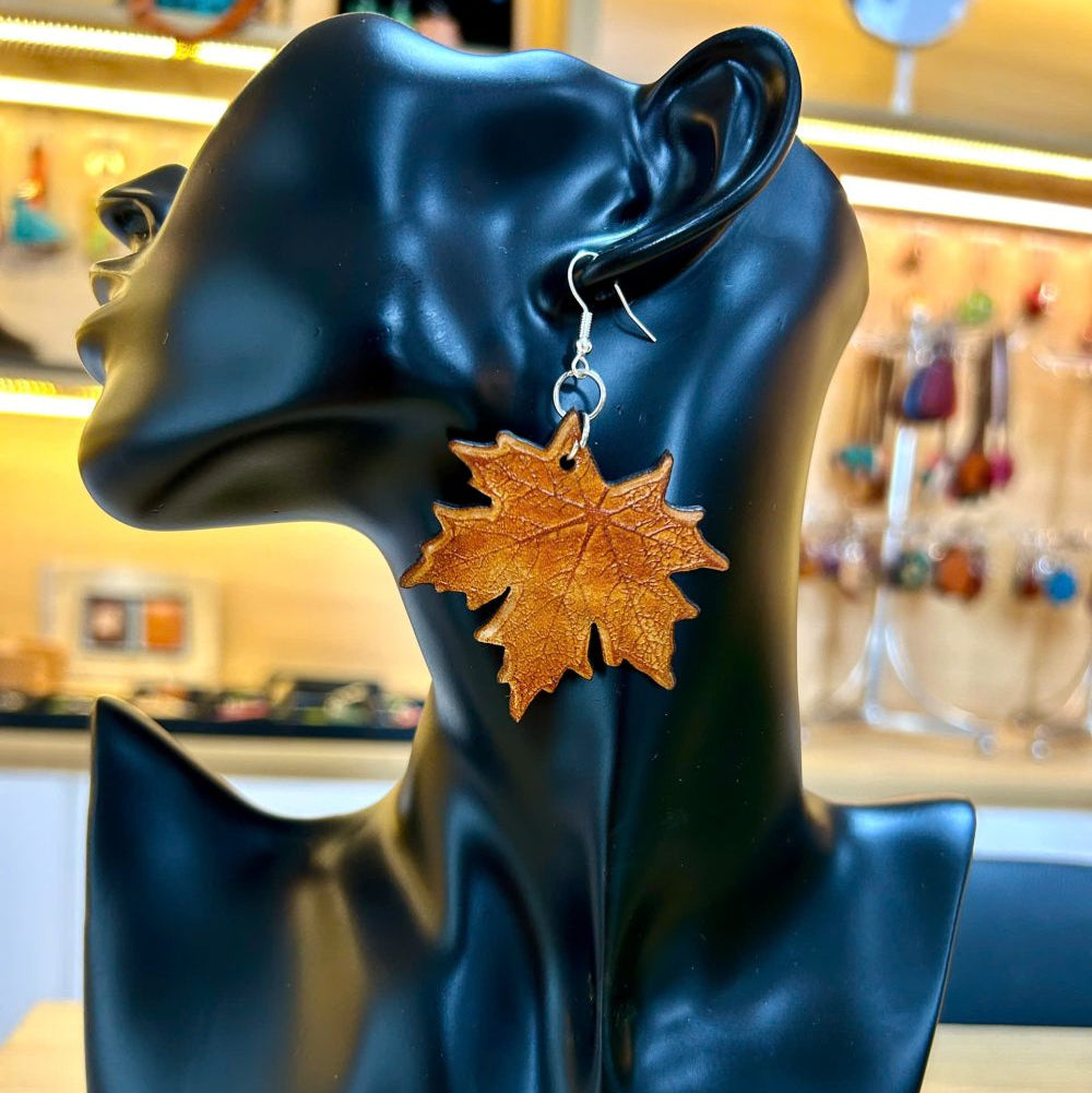 Handmade Real Leather Earrings – Maple leaves
