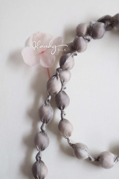 Handmade Silk & Mulberry Wood Beaded Necklace – 65cm | Grey and white Hand-Dyed Necklace