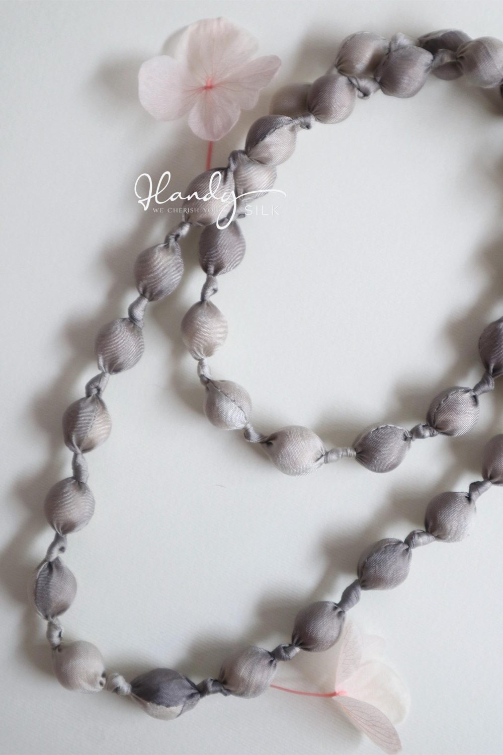 Handmade Silk & Mulberry Wood Beaded Necklace – 65cm | Grey and white Hand-Dyed Necklace