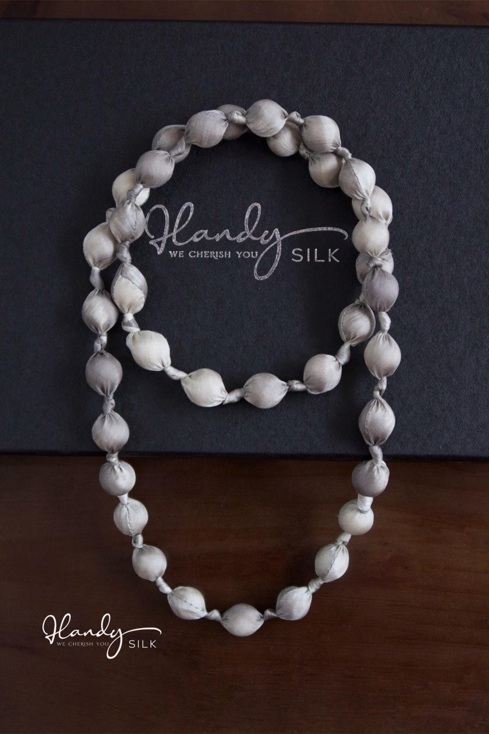 Handmade Silk & Mulberry Wood Beaded Necklace – 65cm | Grey and white Hand-Dyed Necklace