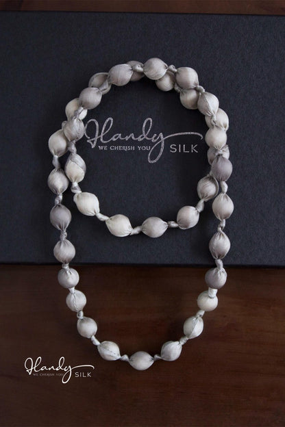Handmade Silk & Mulberry Wood Beaded Necklace – 65cm | Grey and white Hand-Dyed Necklace