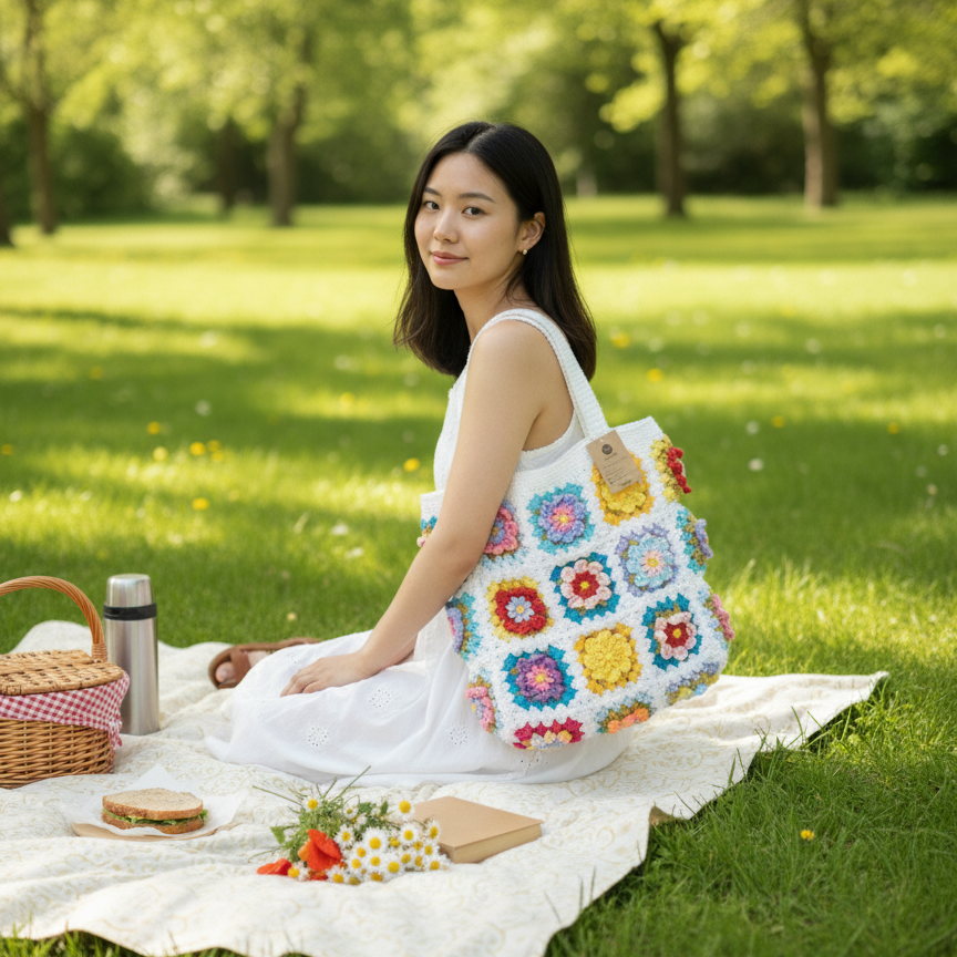 Hand-Crocheted colorful Tote Bag