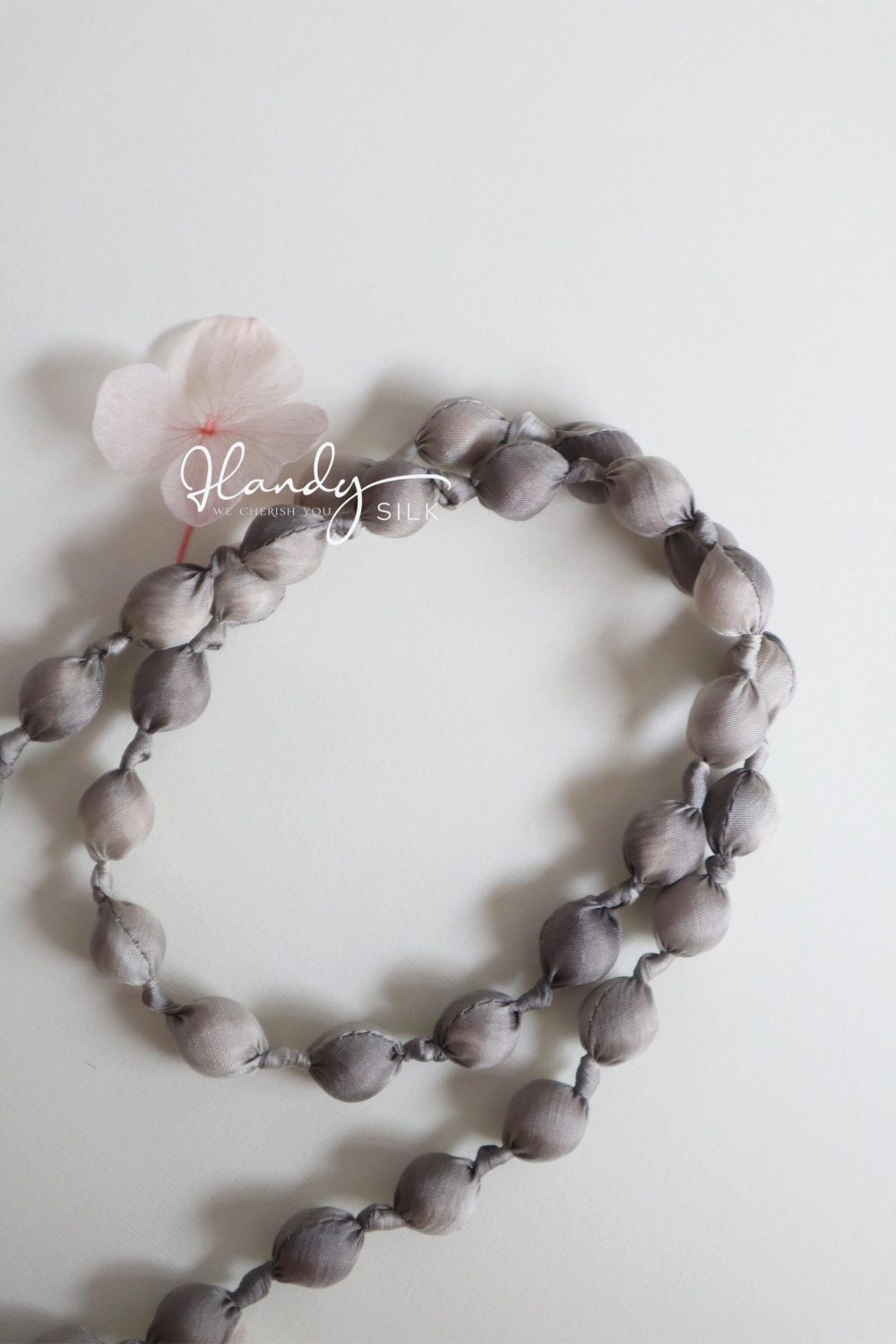 Handmade Silk & Mulberry Wood Beaded Necklace – 65cm | Grey and white Hand-Dyed Necklace