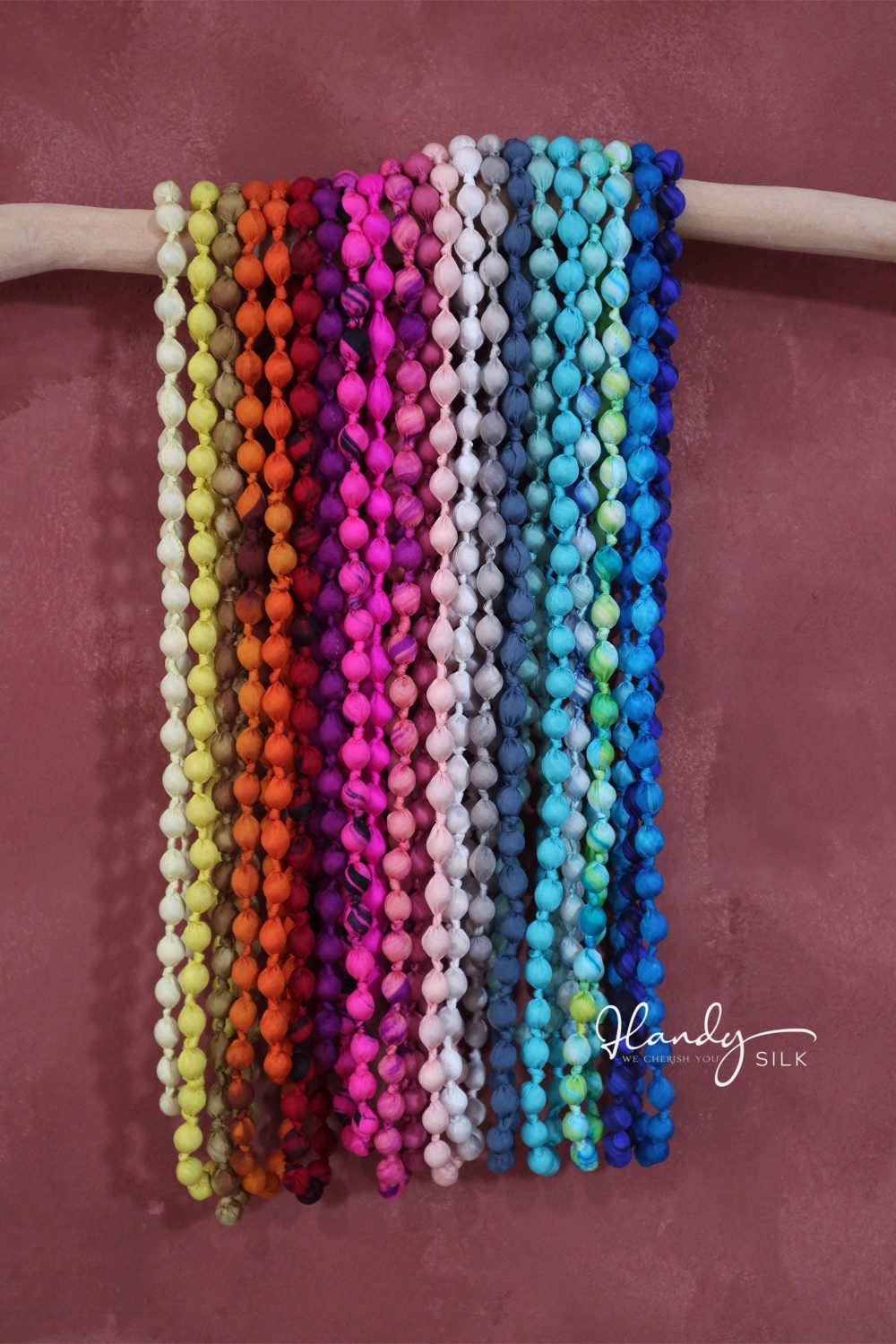 Handmade Silk & Mulberry Wood Beaded Necklace – 65cm