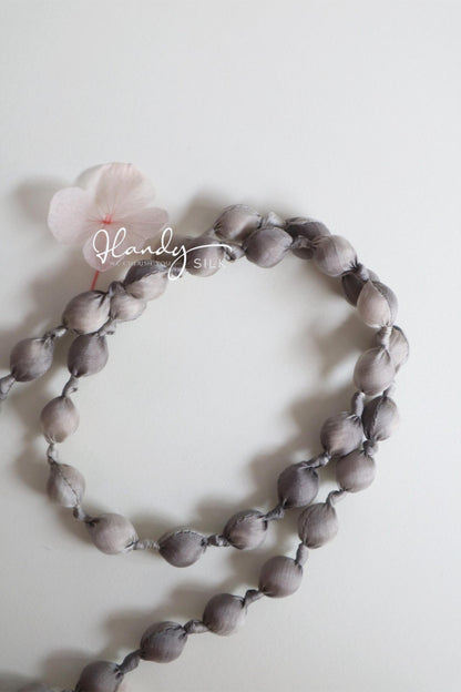 Handmade Silk & Mulberry Wood Beaded Necklace – 65cm | Grey and white Hand-Dyed Necklace