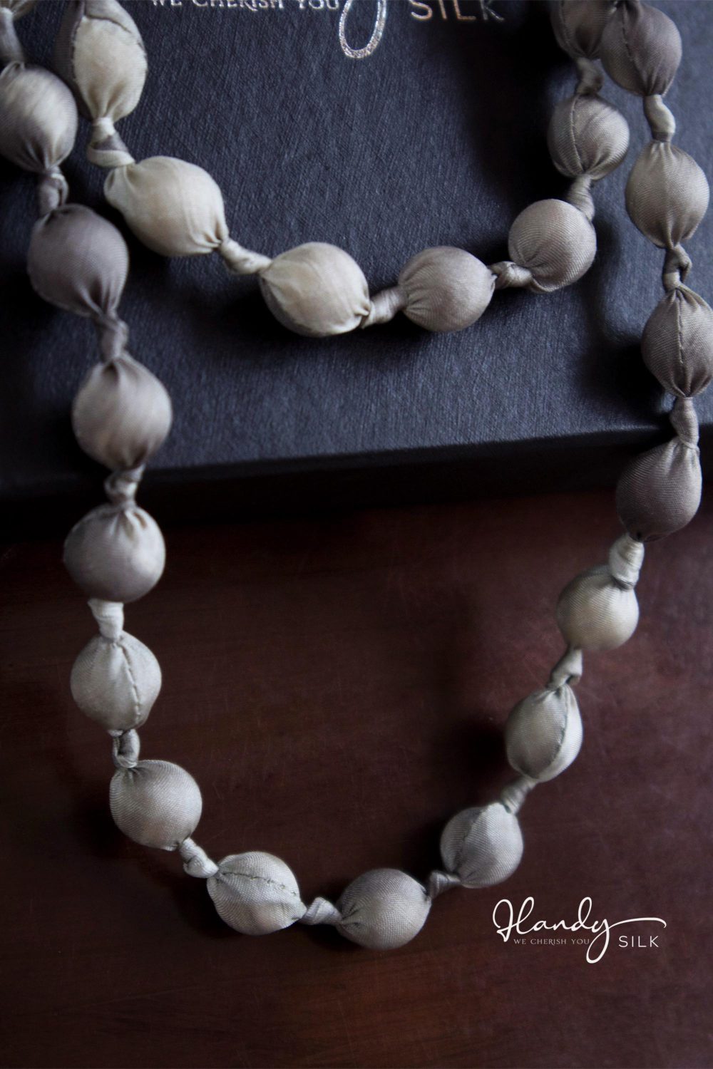 Handmade Silk & Mulberry Wood Beaded Necklace – 65cm | Grey and white Hand-Dyed Necklace