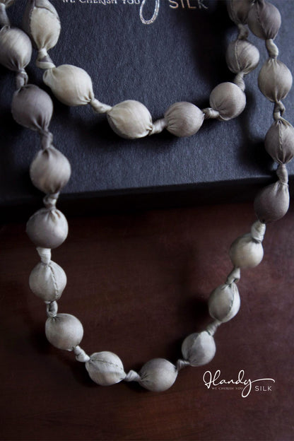 Handmade Silk & Mulberry Wood Beaded Necklace – 65cm | Grey and white Hand-Dyed Necklace