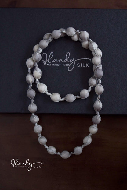 Handmade Silk & Mulberry Wood Beaded Necklace – 65cm | Grey and white Hand-Dyed Necklace