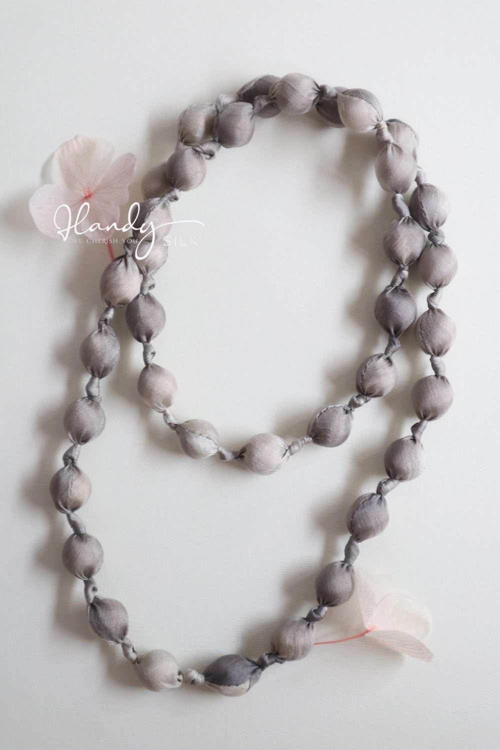 Handmade Silk & Mulberry Wood Beaded Necklace – 65cm | Grey and white Hand-Dyed Necklace