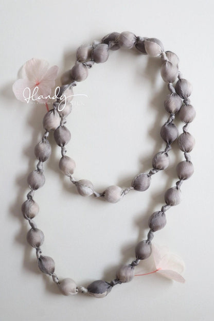 Handmade Silk & Mulberry Wood Beaded Necklace – 65cm | Grey and white Hand-Dyed Necklace